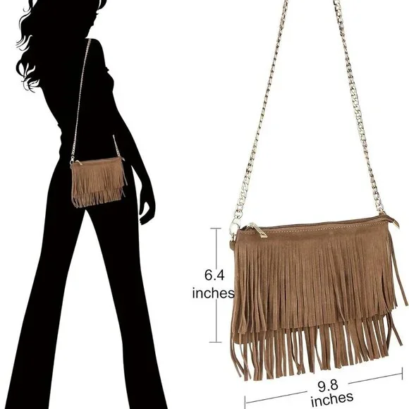 Fringe Cross Body Bag Faux Leather Suede Small Shoulder Wristlet - Picture 2 of 7
